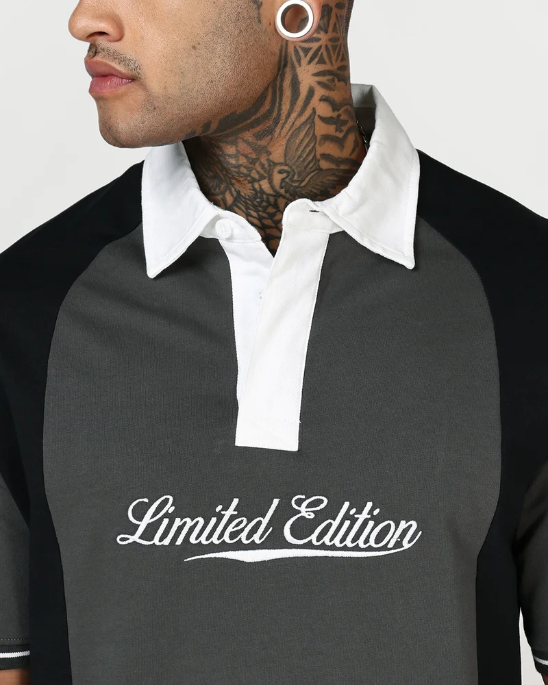 بيواكوف Men's Dark Shadow Grey & Black Color Block Oversized Polo T-shirt